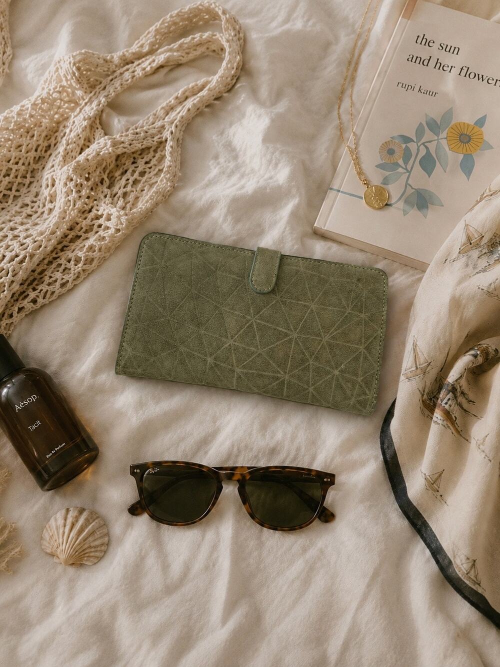 Vintage Handmade Sage Green Suede Continental Wallet Geometric Boho Leather EUC